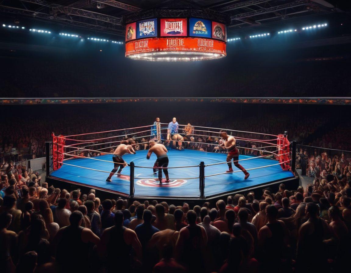 A dynamic wrestling ring surrounded by enthusiastic fans, showcasing diverse wrestlers in action, with colorful banners of various promotions hanging overhead. Highlight the energy and camaraderie of the wrestling community, featuring a blend of independent and major event elements, including vintage-style costumes and modern wrestling gear. The scene should evoke a sense of motion and excitement, with vivid colors and dramatic lighting. vibrant colors. super-realistic.